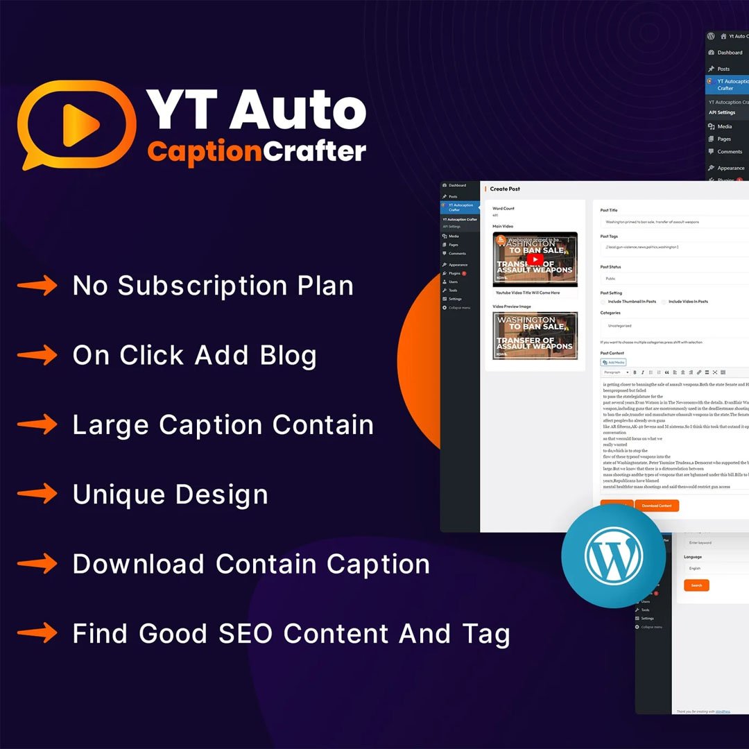 YTCaptionCrafter Video Content Generator WP Plugin
